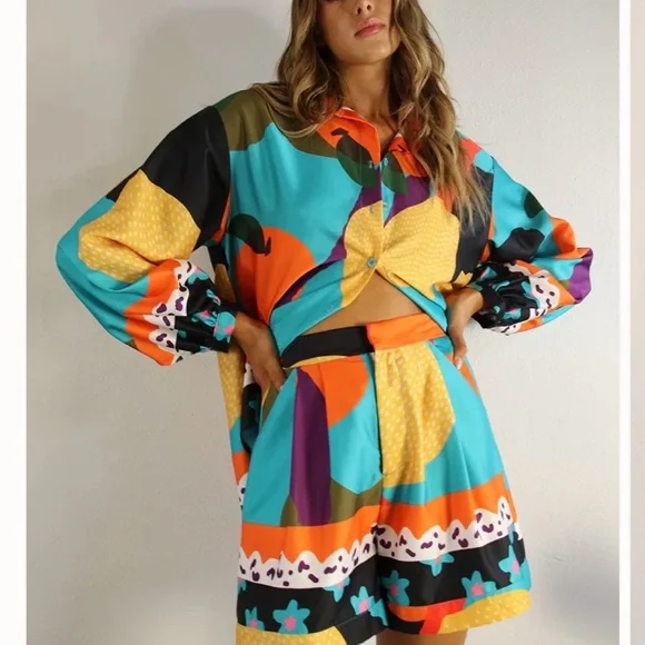 Mulla Multicolor short set Coral & Black Accent oversized small - Picture 8 of 9